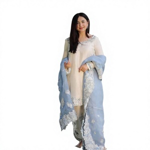 Elegant White Silk Salwar Kameez With Blue Dupatta Embroidered Ankle-Length Women's <b>Wedding</b> Wear India Pakistan Regular Fit - Product Image 1
