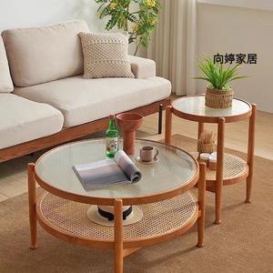 Mesa de Centro Vintage de Madera Maciza y Ratán con Vidrio Templado, Doble Capa, Redonda, Simple, para Apartamentos Pequeños - Product Image 1