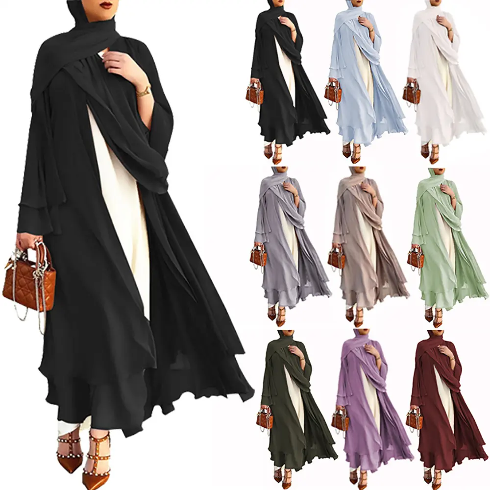 Atacado 2 Camada Kimono Islâmico Cardigan Mulheres Dubai Abayas Turquia Kaftan Vestido Muçulmano Chiffon Aberto Abaya