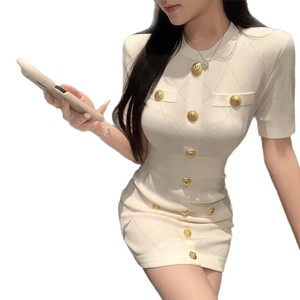 Vestido Tubo Elegante Estilo Francés para Mujer, Verano, Corte Entallado, Tejido con Patrón Geométrico, Manga Corta - Product Image 5
