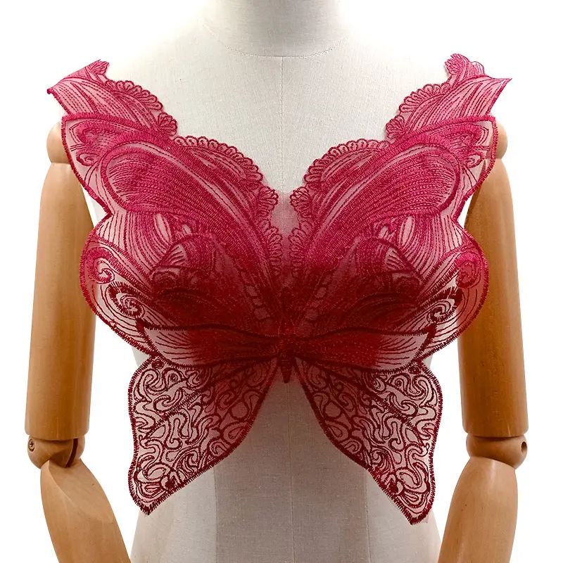 폴리 에스터 메쉬 레이스 자수 아플리케 브로치 Corsage 나비 날개 여성을위한 프론트 칼라 드레스 속옷 의류 액세서리
