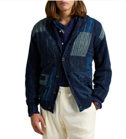 Pull cardigan en tricot à manches longues en coton patchwork denim pour homme