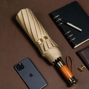 Nouveauté - Parapluie de poche pliable en 3 sections, luxe moderne, manche en bois brut, logo personnalisé, nylon 190T, pour hommes, cadeaux d'affaires de grande taille - Product Image 1