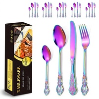 Service de Couverts Personnalisé en Acier Inoxydable Style Cour Royale, Vaisselle Vintage Luxe Léger, Couteaux à Steak et Cuillères Occidentaux, 24 Pièces Effet Miroir