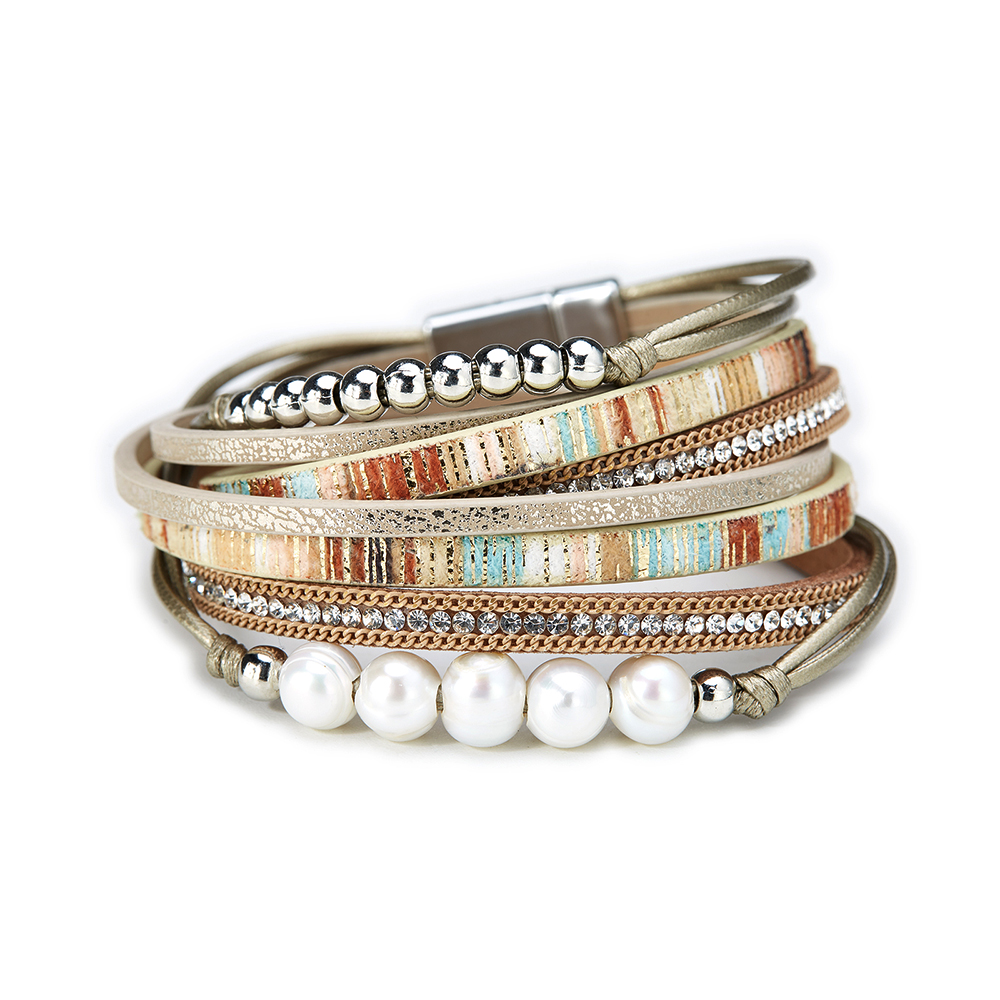 Bracciale in Pelle per Donne, Bracciali Multistrato con Perle e Chiusura Magnetica, Bracciale a Fascia Impilabile per Signore e Madri