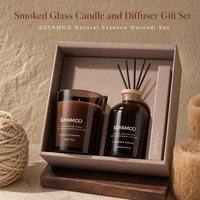 Coffret Cadeau Diffuseur à Bâtonnets en Verre Fumé Marron avec Boîte en Velours et Plateau en Bois, Bouteille en Verre Ambré 200g pour Aromathérapie Maison
