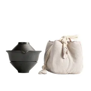 Portable Creative Retro Kung Fu Tea Set One Pot Two Cups Ceramic Teacups Black Crude Pottery