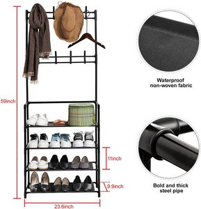 <span class=keywords><strong>Perchero</strong></span> de entrada con banco para zapatos, diseño 3 en 1, estante de almacenamiento metálico con espacio para bolsos, abrigos, sombreros y paraguas - Product Image 2