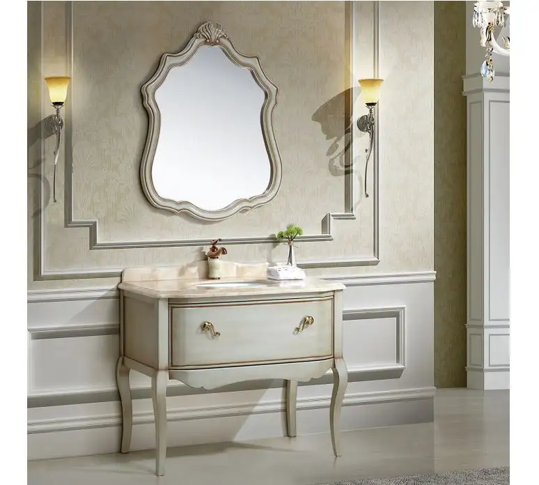 Bathroom Furniture Set Antique Special Painting Wooden Oscar Nature Marble Top Green with Legs Beige Color Vanity Combo White