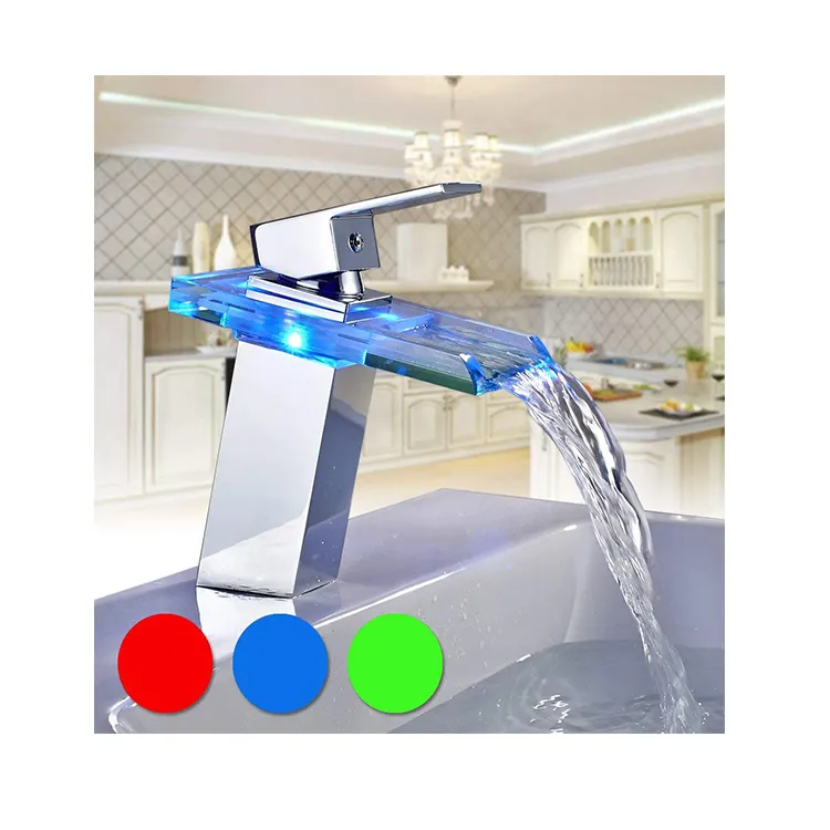 Keran wastafel kamar mandi LED warna-warni kaca, desain Modern harga pabrik keran air terjun kamar mandi keran wastafel Mixer