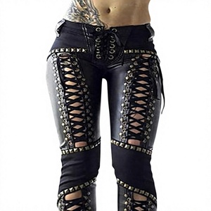 Pantalones de Cuero Negro con Cordones, Cintura Alta, Estilo Gótico, Corte Recto, Largos, Cierre con Botones y Remaches, Ecológicos, para Invierno - Product Image 2