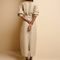 Fabricants de vêtements en lin personnalisés haut de gamme rétro col rond couleur unie décontracté robe mi-longue pour femmes