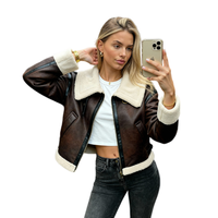 Blouson moto personnalisé pour femme en daim, doublure épaisse en fausse fourrure, style rétro uni, fermeture éclair courte, logo personnalisé