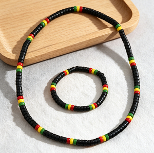Set di Gioielli da Uomo con Bracciale Elastico e Collana Choker con Perline Colorate Rosso Giallo Verde, Stile Retrò <span class=keywords><strong>Reggae</strong></span> Street - Product Image 1