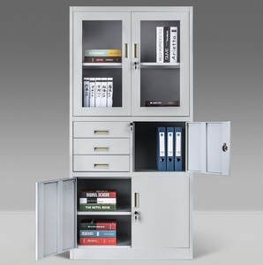 Armoire de rangement en acier au design moderne avec 3 tiroirs et portes vitrées semi-battantes pour écoles, gymnases, ateliers, hôpitaux, supermarchés, salles à manger - Product Image 3