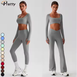 Женская одежда, комплект из 2 предметов для фитнеса, короткий топ с длинными рукавами и подкладкой, брюки с заниженной талией, спортивная одежда для спортзала, эко-топ - Product Image 6