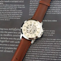 Montre automatique squelette pour homme, chiffres romains, bracelet en cuir, boîtier argenté, montre-bracelet pour homme d'affaires