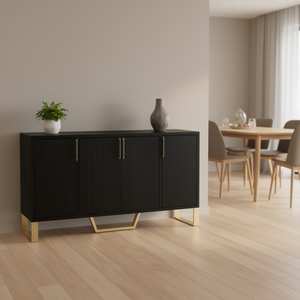 Aparador negro moderno con cuatro puertas, tiradores y patas metálicas, estantes ajustables, mueble de almacenamiento para cocina - Product Image 2