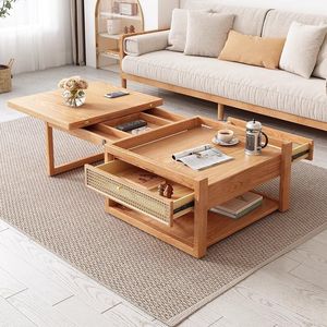 Juego de mesa de centro simple de doble capa ajustable en altura, nuevo tipo de mesa de té plegable de madera maciza - Product Image 1