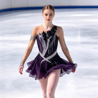 Robe de patinage artistique violette foncée avec strass, maille transparente, manches longues, dos ouvert, pour compétition et spectacle (adultes et enfants)