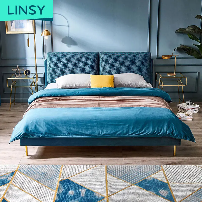 Linsy cama de tecido moderna para quarto, cama dupla macia