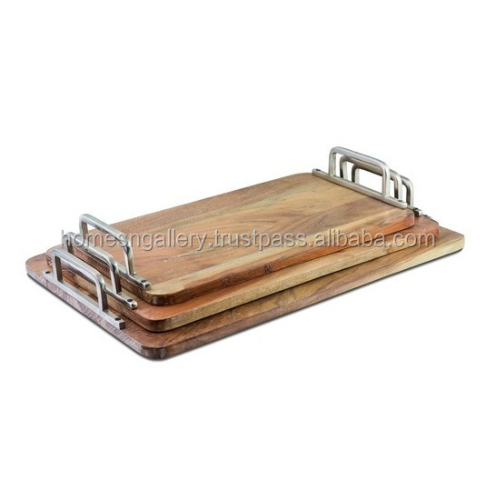 Rectangular Wooden Tray With Metal Handle
