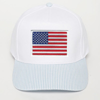 Casquette de baseball bicolore en coton réglable avec visière imprimée à rayures fines, ornée de patchs brodés drapeau américain et de lettres unies