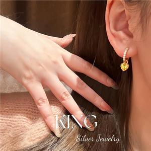 King <b>Silver</b> Jewelry Heart-Shaped <b>Stud</b> Earrings S925 Sterling <b>Silver</b> Yellow Pink Crystal Fashion Gift - Product Image 5