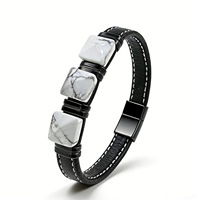 Bracelet en cuir tressé pour homme avec pierre de malachite verte facettée carrée et fermoir magnétique en acier inoxydable – Vente en gros