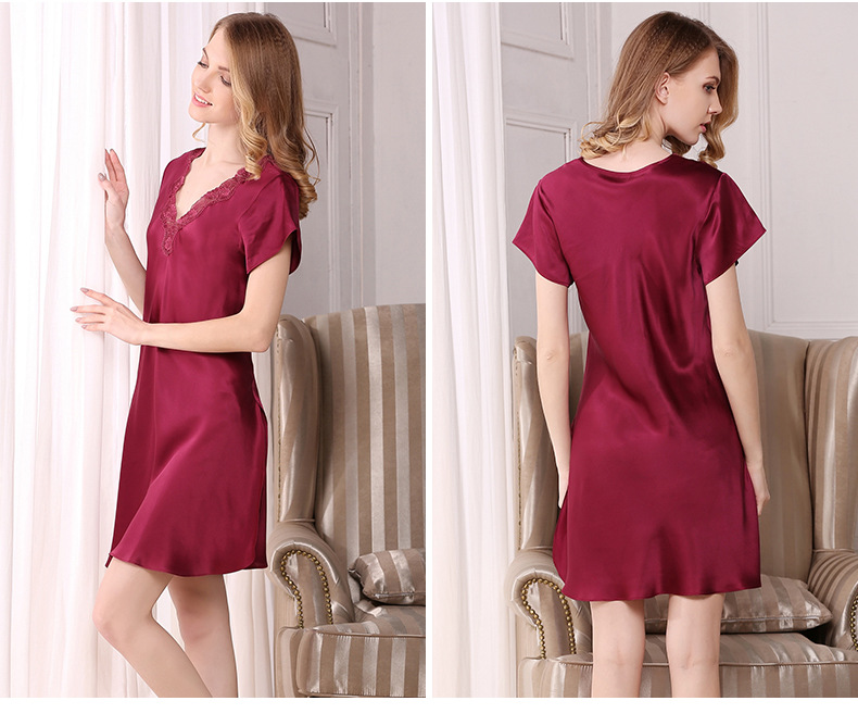 Stockpapa wholesale Women Pure Silk Casual lace neck Sleepwear night dresses for woman