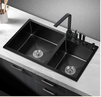 Évier de cuisine Double bol moderne, multifonctions, fait à la main en acier inoxydable, égouttoir en verre pour les éviers de cuisine, 1 pièce