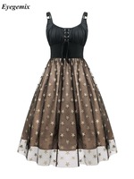Étoile Maille Plissée Vintage Noir Patchwork Débardeur Robe O-Ring Détail À Lacets Avant Taille Haute Femmes Robes De Soirée De Bal