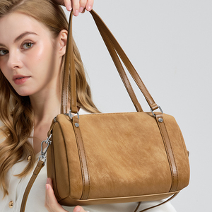 Bolso de Hombro Casual de Gamuza para Mujer, Bolso de Viaje de Cuero Genuino Estilo Boston con Cremallera y Forro de Algodón, Bolso de Bolos para Damas - Product Image 1