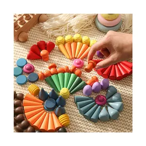 Montessori enfants Mandala nordique en bois pièces lâches jouer arc-en-ciel couleur Style empileur jouets d'empilage