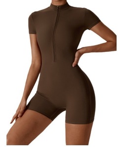Women Yoga Jumpsuit Short Sleeve Half Zip Bodysuit V Neck Seamless One Piece <b>Romper</b> for Fitness Dance - Product Image 1