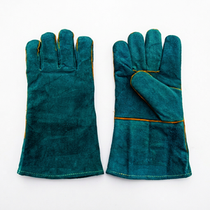 Holy Signs International HSI-1450 Extra Long Leather Welding <b>Gloves</b> Green Fleece Lined Straight Thumb Molten Metal Splash - Product Image 1