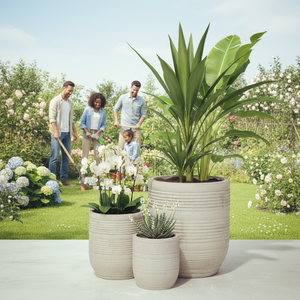 <span class=keywords><strong>Set</strong></span> <span class=keywords><strong>di</strong></span> 3 Vasi per Fiori <span class=keywords><strong>in</strong></span> <span class=keywords><strong>Pietra</strong></span> Fibrosa Antica, Eleganti Fioriere per Uso Interno ed Esterno - Product Image 1