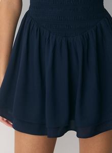 Mini robe smockée en mousseline de soie pour femmes, col carré, double couche, jupe fluide, dos nu, en mousseline de soie bleu marine, robe de soirée décontractée - Product Image 6