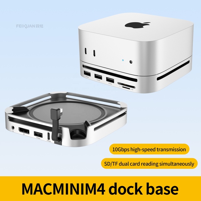 OEM 10 in 1 Hub Base for Mac Mini M4 M.2 NVMe SSD Enclosure USB3.2 Gen2 10Gbps Docking Station with SD TF Dual Card Reader