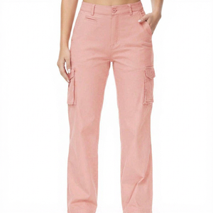 Pantalon cargo taille haute pour femme, rose uni, en toile, décontracté, longueur intégrale, avec poches, coupe classique, style été - Product Image 1