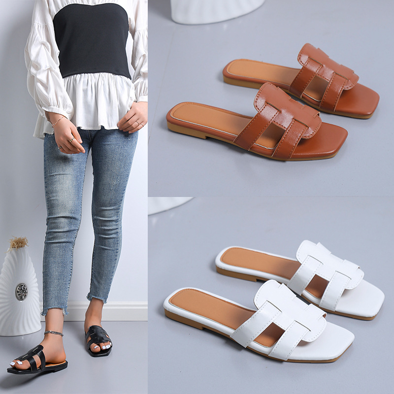 2023 New Slides Shoes Ladies Rubber PU Flat Sandals Slippers Womens Summer Beach Shoes