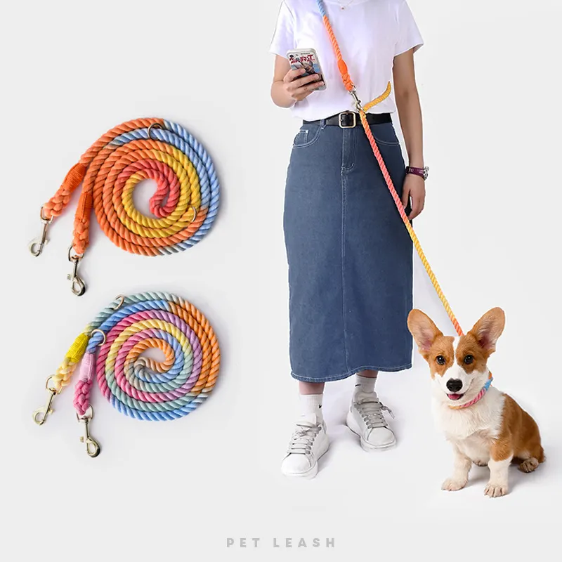 Köpek oyuncağı tasma ayarlanabilir gökkuşağı çift çekme kurşun toptan özel tasarımcı eller serbest kayma pamuk halat köpek tasma