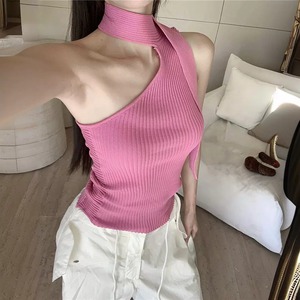 Débardeur tricoté sans manches à épaules dénudées pour femme, nouvelle collection été 2026, coupe ajustée et élégante, en polyester/coton teint en pièce - Product Image 2