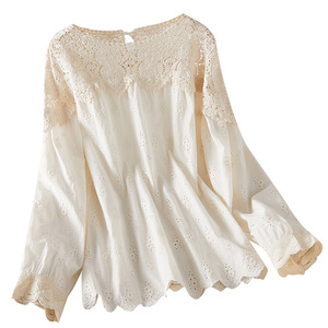 Camisa de encaje calado color albaricoque para mujer, <span class=keywords><strong>manga</strong></span> larga, nuevo diseño primavera 2026, top elegante de algodón puro - Product Image 5