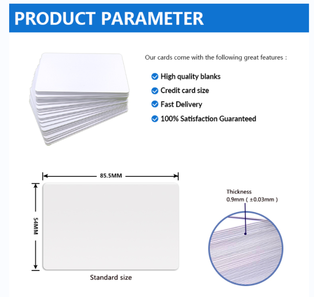 Printable Thermal PVC Card 13.56MHz 85.5*54*0.9mm CR80 Size MIFARE Classic 1K Blank Plastic PVC Cards for Access Control