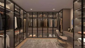 Placard moderne en forme de U avec panneau de portes en verre, meubles de chambre à coucher, armoire en bois en forme de L pour hommes, <span class=keywords><strong>dressing</strong></span> personnalisé - Product Image 5