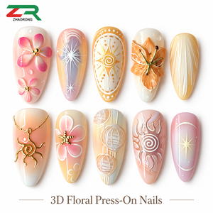 Uñas Postizas de Almendra al por Mayor con Flores 3D, Efecto Ombré Pastel y <span class=keywords><strong>Arte</strong></span> de Uñas Celestial Dorado para Mujer, Sets de Vacaciones de Verano - Product Image 1