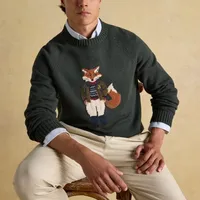 Pull en tricot pour homme confortable, col rond, vert foncé, avec logo jacquard sur le devant, pour l'hiver
