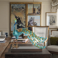 Luxe Émail Noyer Bois Paon Décor De Table Bureau Showpiece Sculpture Artisanat Accessoires De Noël Décor À La Maison Objets