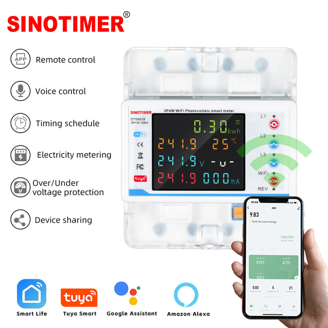 DTS6619-3PN 3 Phase WiFi Smart Circuit Breaker Bidirectional Energy Power kWh Meter Over Under Voltage Protector Relay Switch